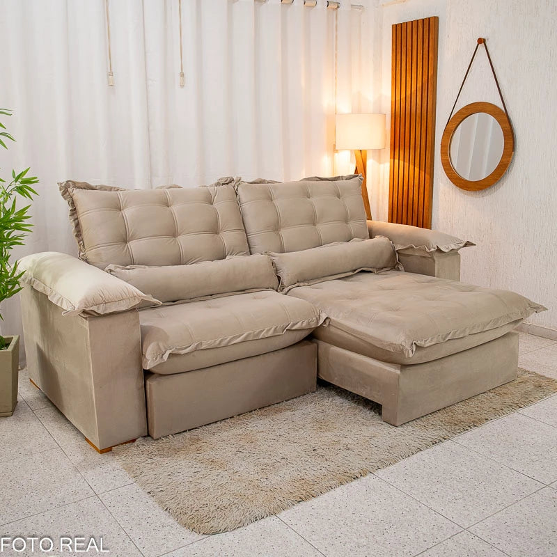 Sofá Retrátil Reclinável Maldivas 2.50m Veludo Bege A32 - D28 Pró Aditivada