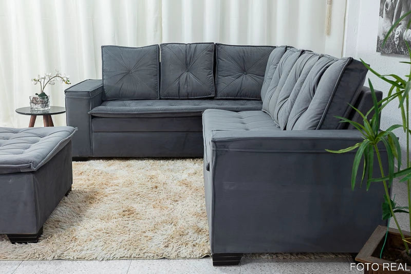 Sofá Canto 5 lugares com Puff Alemanha Veludo Grafite A15 - Móveis furniture