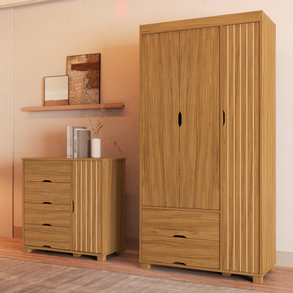 Guarda-Roupa 3 Portas + Cômoda 4 Gavetas com Sapateira Bela Nature – MADEC/VJ MÓVEIS