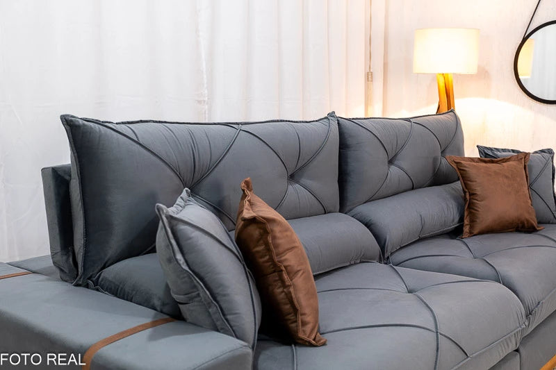 Sofá Retrátil Reclinável Gran Bello Veludo Cinza Larg. 2.90m - D33 e Molas Ensacadas
