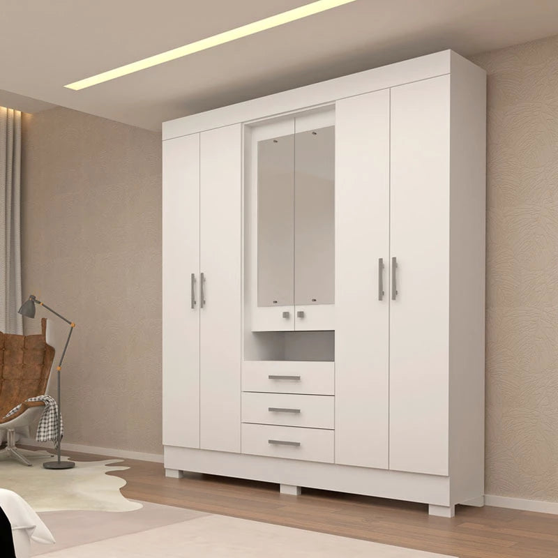 Roupeiro Débora c/Espelho 6 Portas 3 Gavetas 100% MDF Larg. 1.78m Branco ACP - Móveis furniture