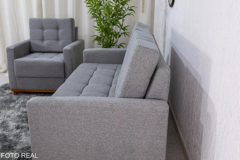 Sofá Áustria 3 Lugares + Poltrona Áustria Cinza - Móveis furniture