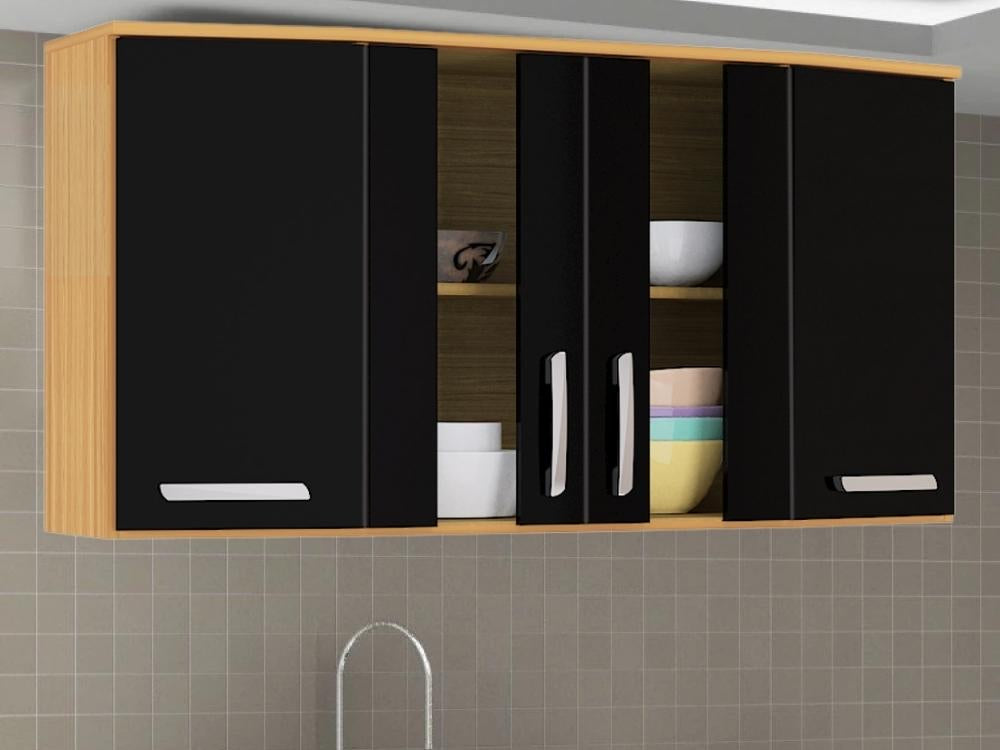 Armário de Cozinha Aéreo Bruna Tridimensional 4 portas – Damasco/Preto - Móveis furniture