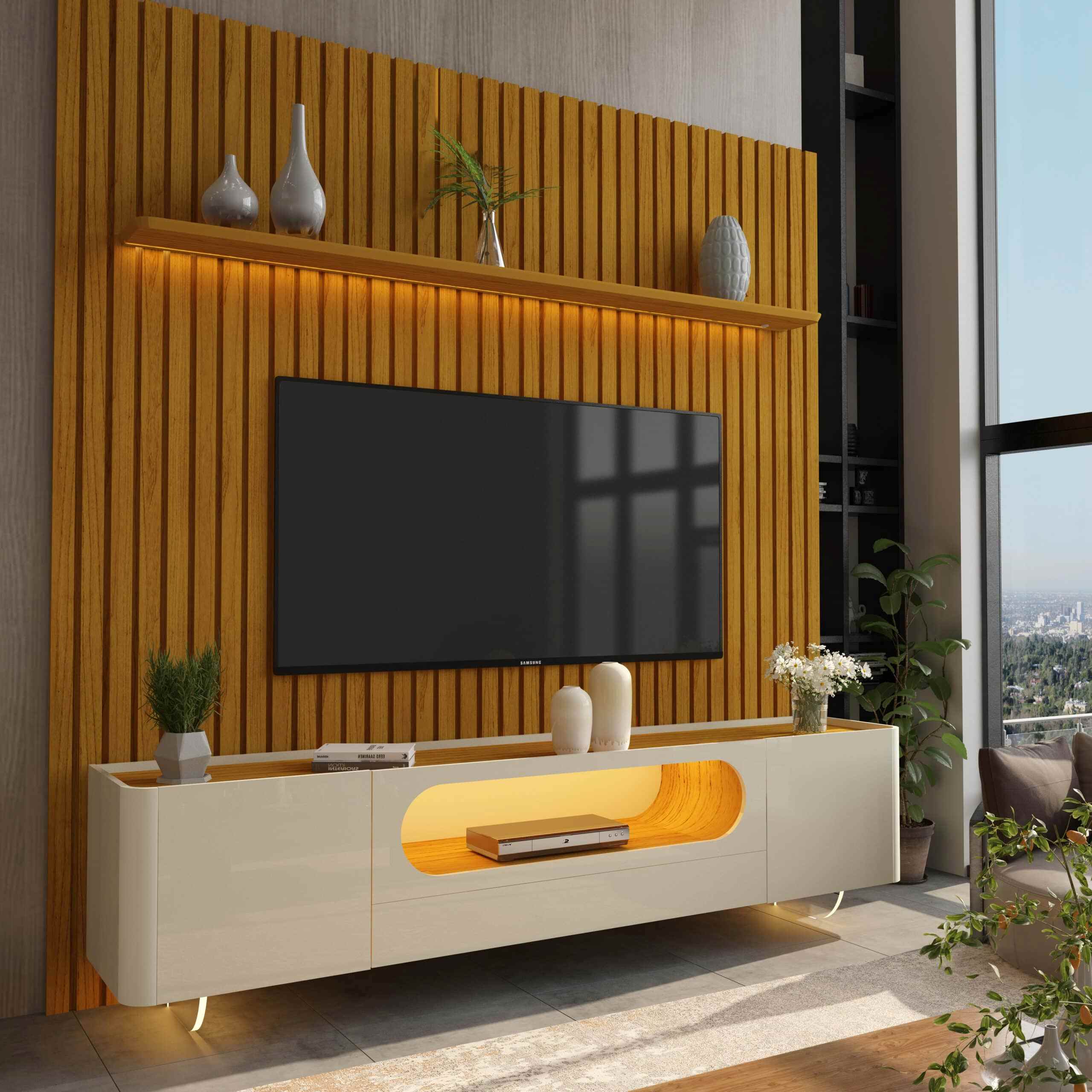 Conjunto Painel Nobre 230 Naturale com Rack Nobre 210 Off White.Naturale LED e Pes Vidro Gelius