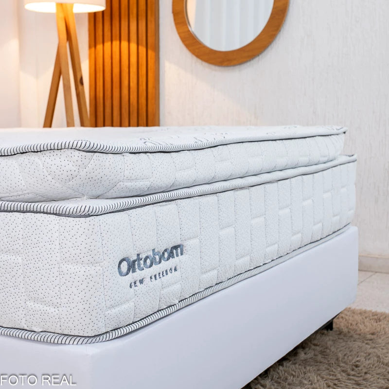Box Casal Korino Branco Ortobel + Colchão Casal New Freedom 138x188x69 Molas Ensacadas Pocket Espuma Viscoelástica D33 - Ortobom | Suporta até 300kg