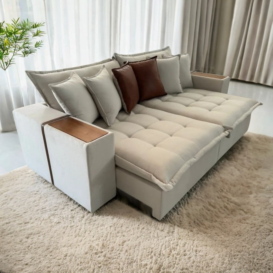 Sofá Cama Thebas/Gabriela 2,30 m Linho Cru 304/Courino Dalas – ZARAT ESTOFADOS - Móveis furniture