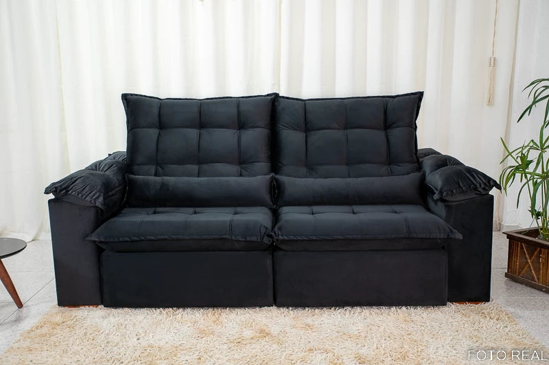 Sofá Retrátil Reclinável 2.90m Emanuelly Veludo Preto - Móveis furniture