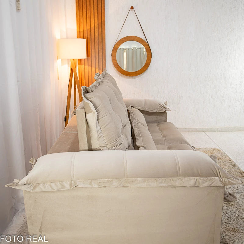 Sofá Retrátil Reclinável Maldivas 2.10m Veludo Bege A32 - Espuma Pró Aditivada