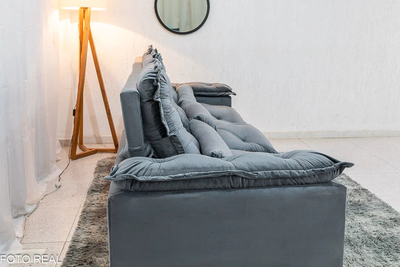 Sofá Retrátil Reclinável 2.70m Texas Veludo Cinza - Móveis furniture
