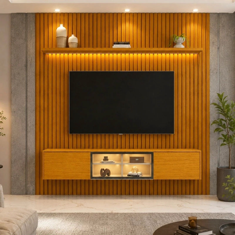 Painel Nobre Larg. 1.85m Naturale Ripado + Nicho Larg. 1.51m Luminare Naturale C/Led para TV até 75" - Gelius