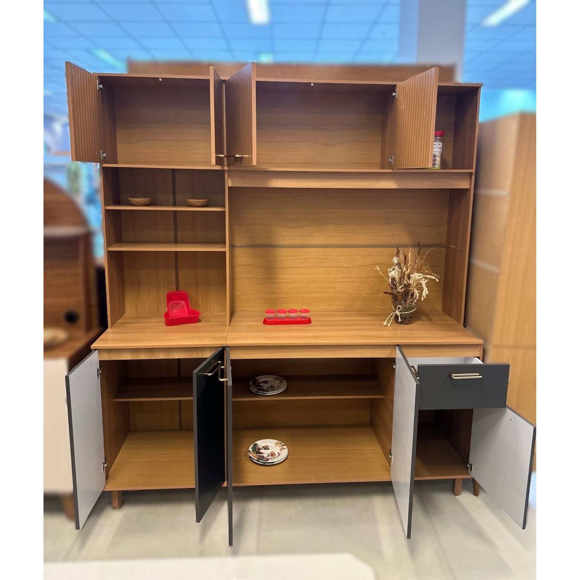 Kit Cozinha Núria Ripado 3D 9 Portas 1 Gaveta Larg. 1.80m Freijó/Grafite Poliman