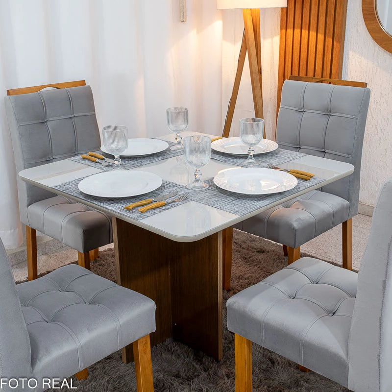 Mesa de Jantar Moscou 90x90 Cinamomo/Off Tampo Vidro Off 4 Cadeiras Londres Veludo Prata Madeira Maciça Minas Plac -