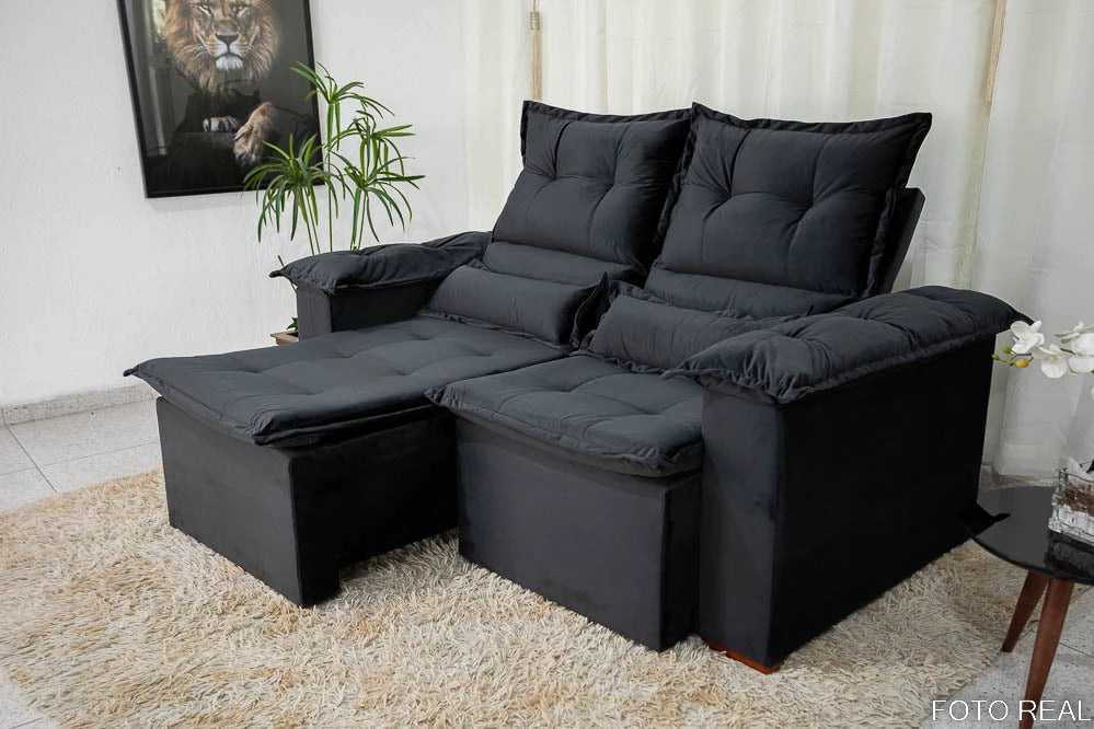 Sofá Retrátil e Reclinável Nicole 1.80m Veludo Preto - Móveis furniture