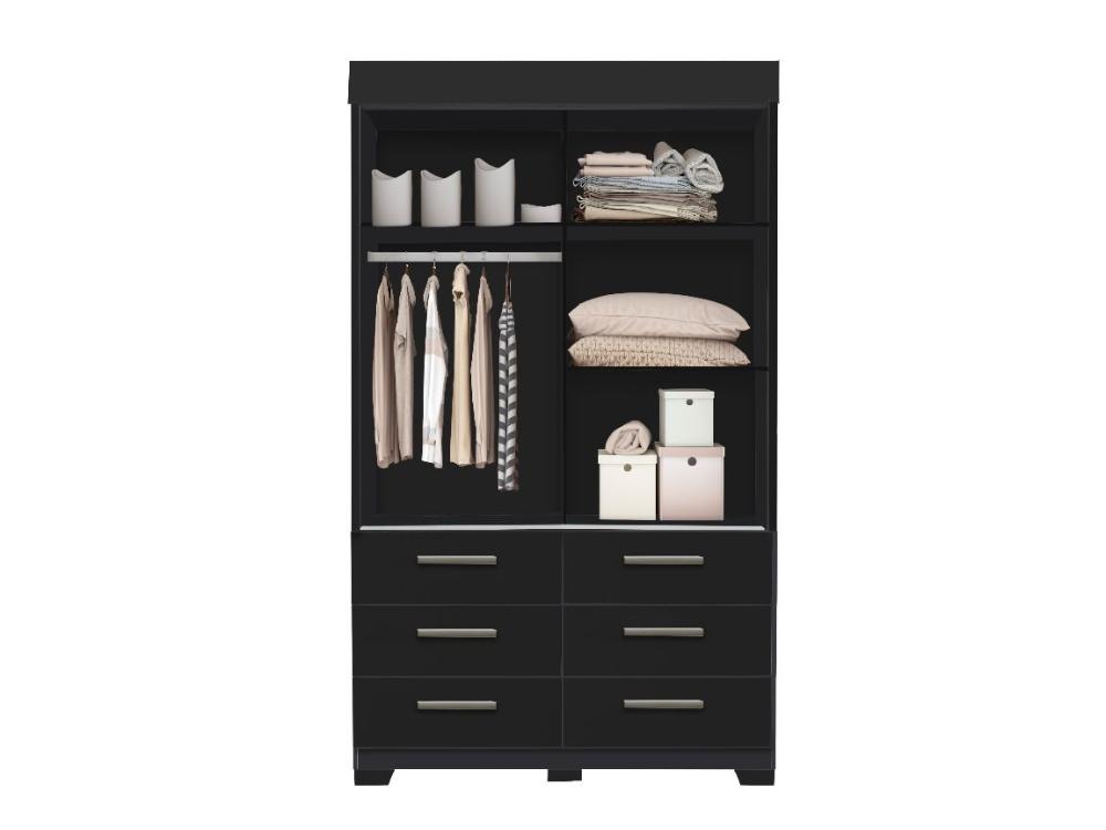 Guarda-Roupa Buzios 2 portas de correr com espelho 6 gavetas – Preto - Móveis furniture