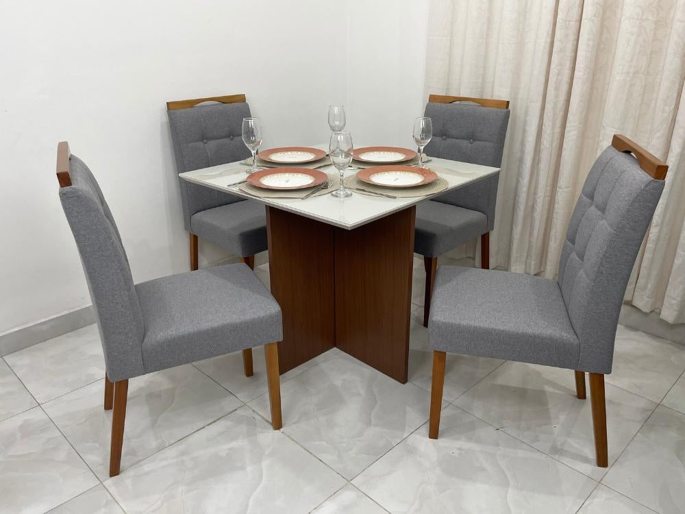 Mesa de Jantar Helo 0.90×0.90 Com 4 Cadeiras Nicole – Mel/Off White/Cinza - Móveis furniture
