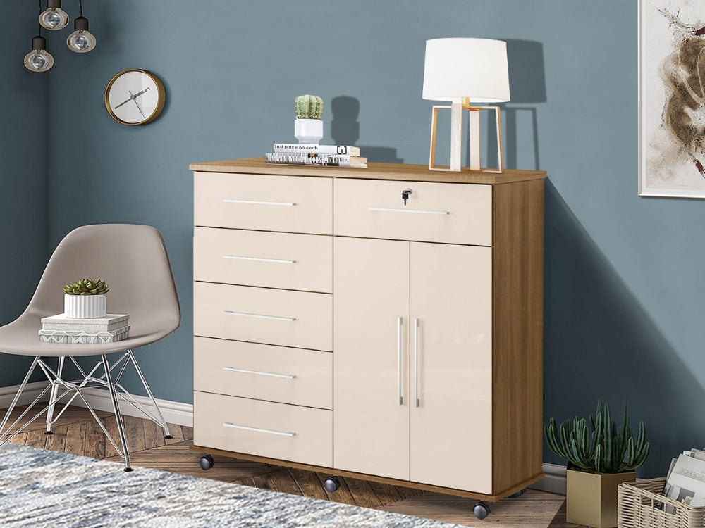 Cômoda Fauna 6 gavetas 2 portas – Mel/Off white - Móveis furniture