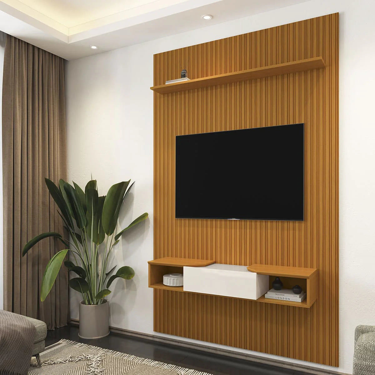 PAINEL EGEO 1.40 RIPADO 3D COM PRATELEIRA + NICHO VERSATTI 1.10, TV 55 POLEGADAS – EDN MÓVEIS