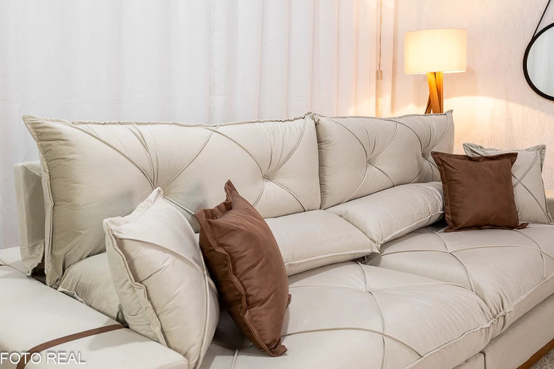 Sofá Retrátil Reclinável Gran Bello Veludo Bege Larg. 2.90m - D33 e Molas Ensacadas
