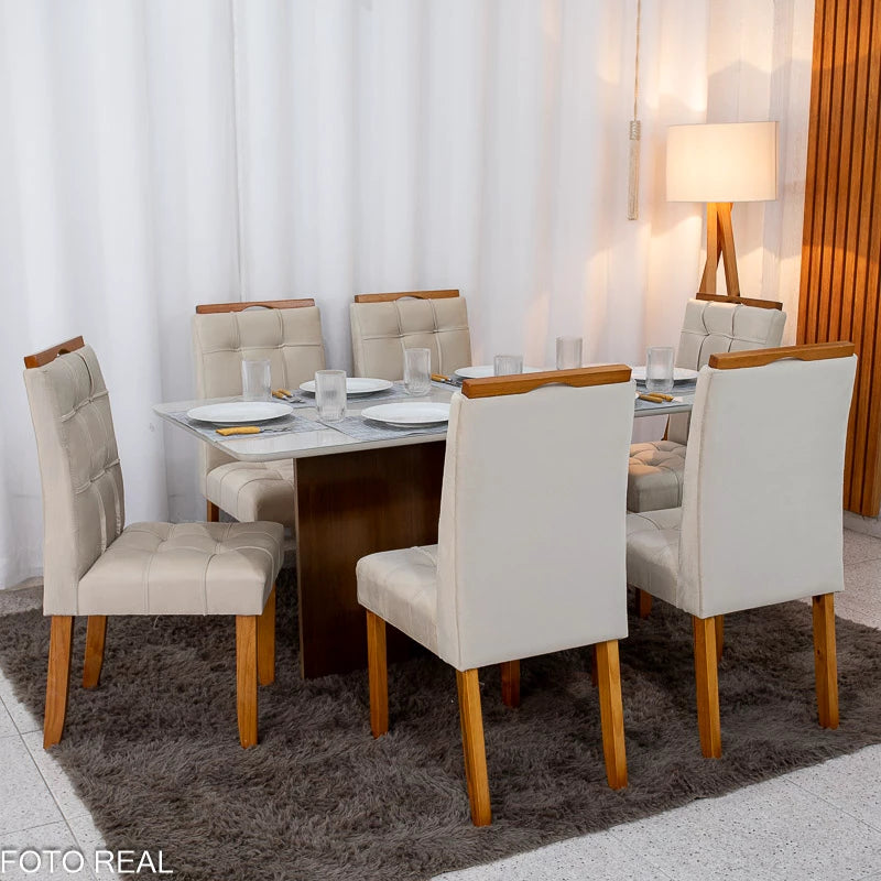 Mesa de Jantar Moscou 160x80 Vidro Off/Base Cinamomo + 6 Cad. Londres Veludo Avelã Madeira Minas Plac - Entregue Montada