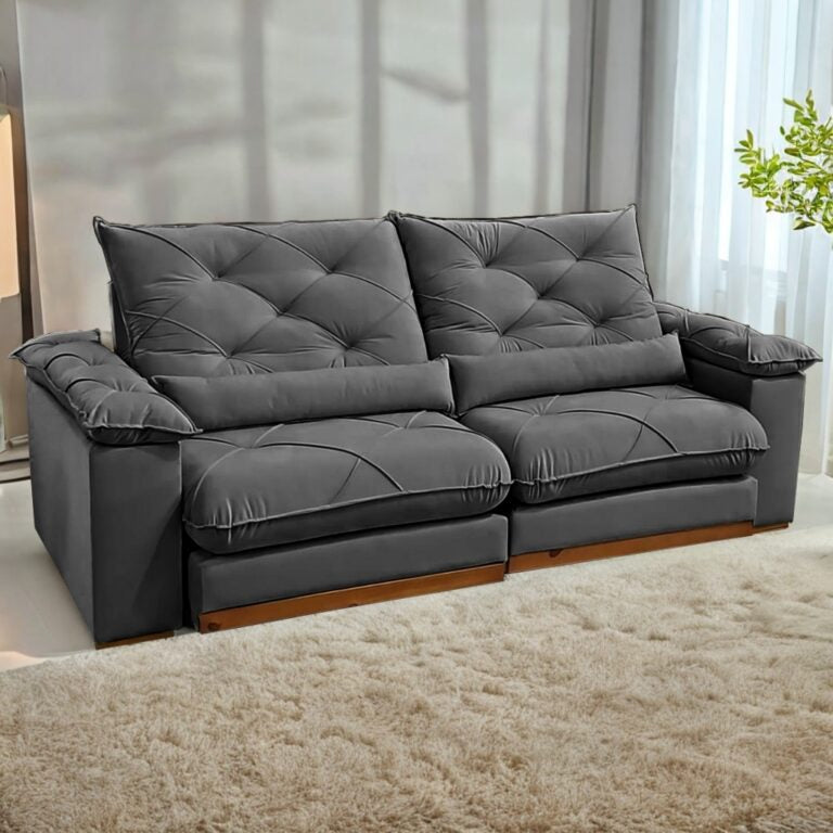 Sofá Retrátil e Reclinável Gran Paladium (Pillow) 2,50 m Veludo Cinza – IMPÉRIO DECOR