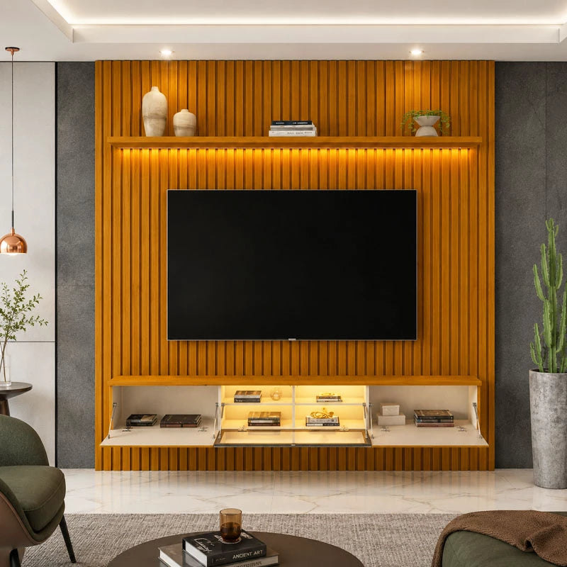 Painel Nobre Larg. 1.85m Naturale Ripado + Nicho Larg. 1.51m Luminare Naturale C/Led para TV até 75" - Gelius