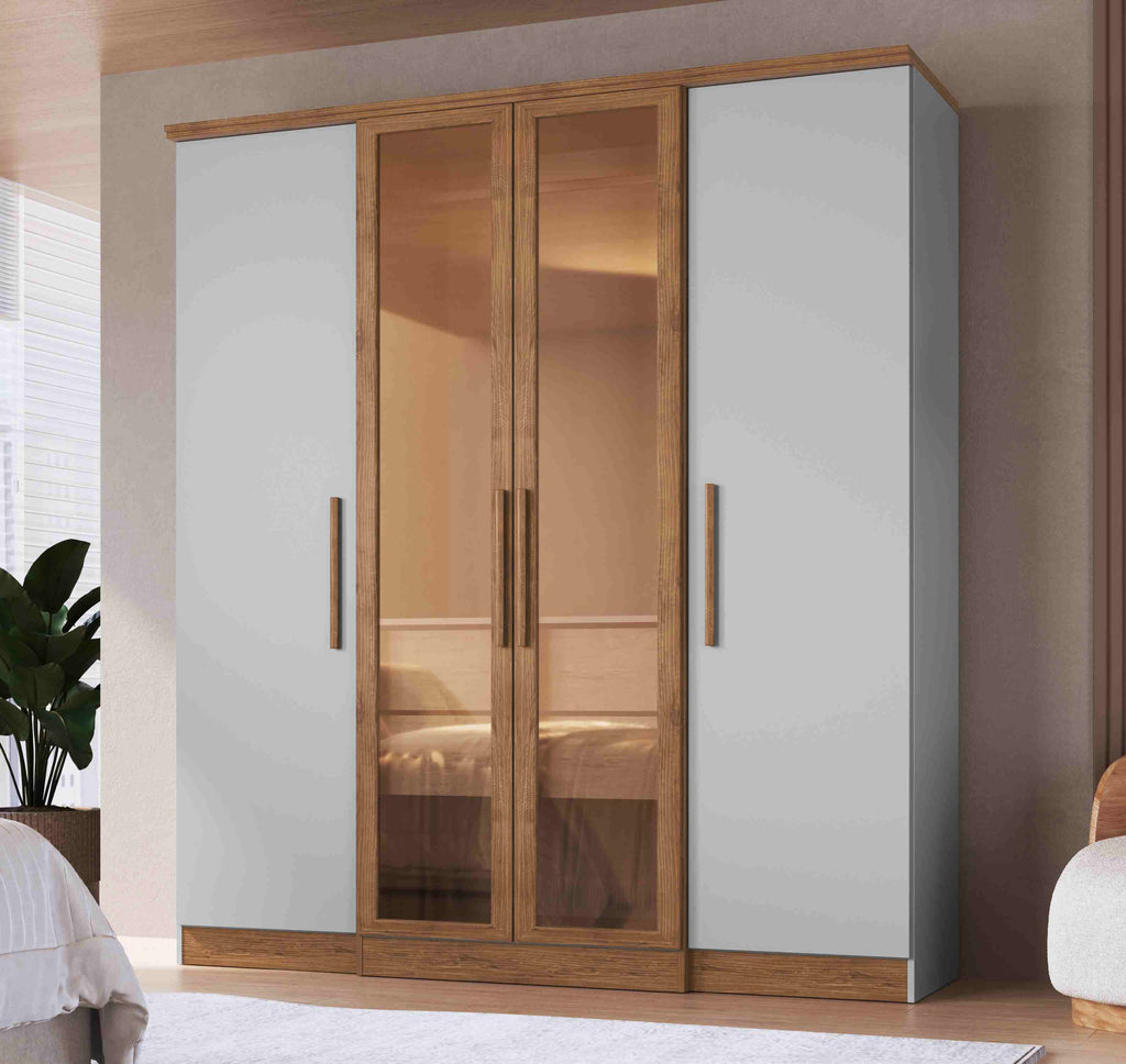 Roupeiro Genebra 4P2G, sendo 2 Portas com Vidro Reflecta Lunar.Nogueira Doripel