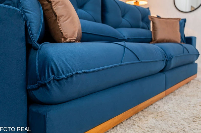Sofá Retrátil Reclinável Gran Bello Veludo Azul Larg. 2.90m - D33 e Molas Ensacadas