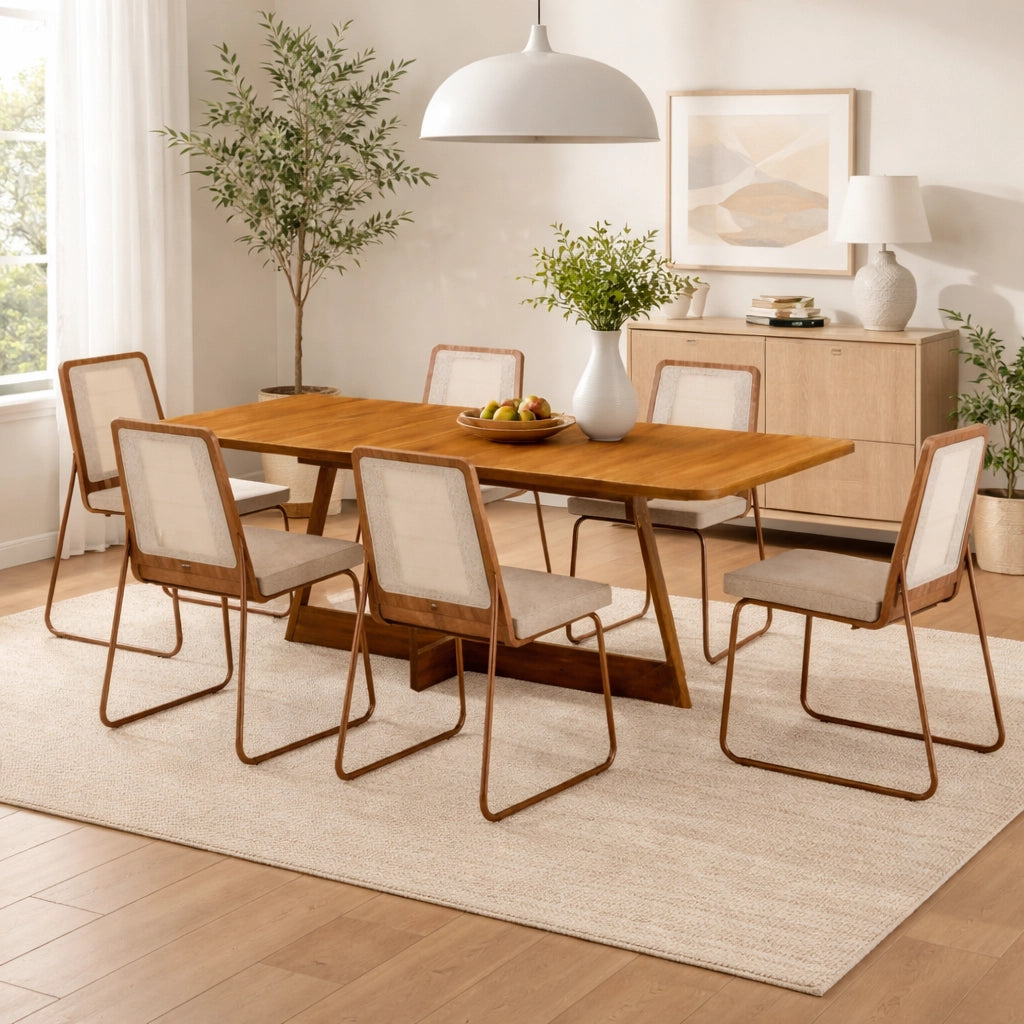 Mesa de Jantar Atria 160x90cm com 6 Cadeiras Wood 1751 em Aço e Mdf Tecido Linho Carraro