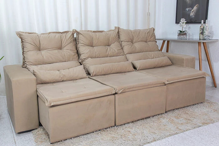 Sofá Retrátil e Reclinável Carol 2.60m Bege - Móveis furniture