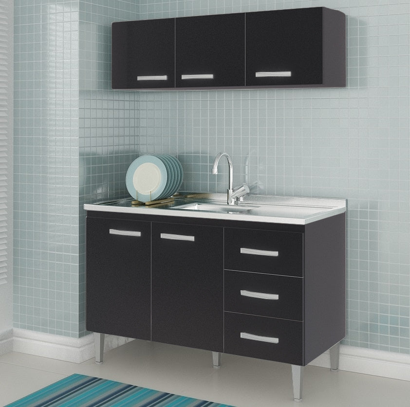 Armário Aéreo 3 portas Ipanema + Balcão(Sem Tampo)para Pia Copacabana Preto – FELLICCI - Móveis furniture