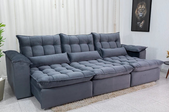 Sofá Retrátil Reclinável Kapri 3.20 Veludo Cinza 533 Molas Bonnel e Poliéster Siliconado - Móveis furniture