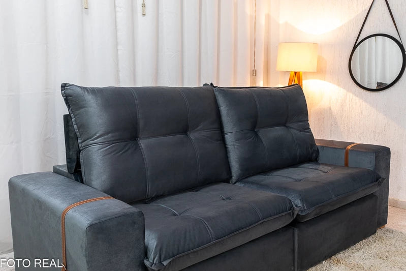 Sofá Retrátil Reclinável 2.50m Santiago Veludo Cinza 526 - Molas Ensacadas