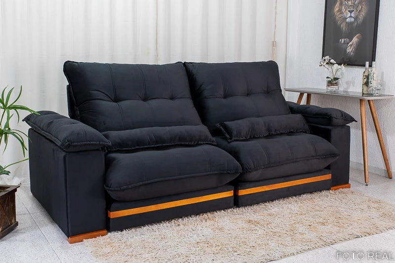 Sofá Retrátil Reclinável Ibis 2.30m Veludo Preto 820 - D33 e Molas Ensacadas - Móveis furniture