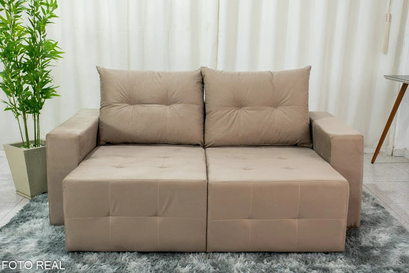 Sofá Retrátil 3 Lugares Havaí Larg. 1.80m Veludinho Bege 10 - Móveis furniture