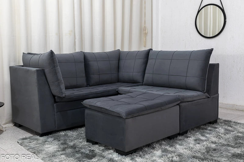 Sofá Canto 5 lugares com Puff Viena Veludo Grafite - Móveis furniture