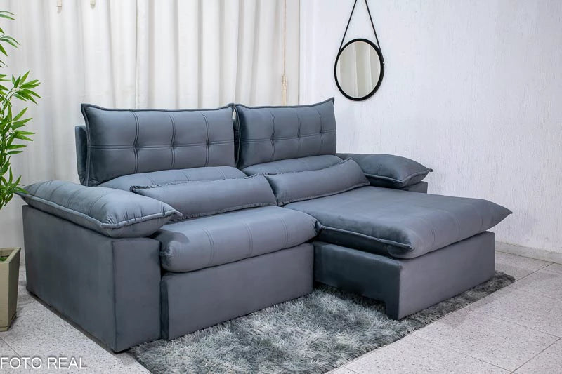 Sofá Retrátil Reclinável 2.50m Lenon Veludo Cinza - D28 Soft e Molas Ensacadas - Móveis furniture