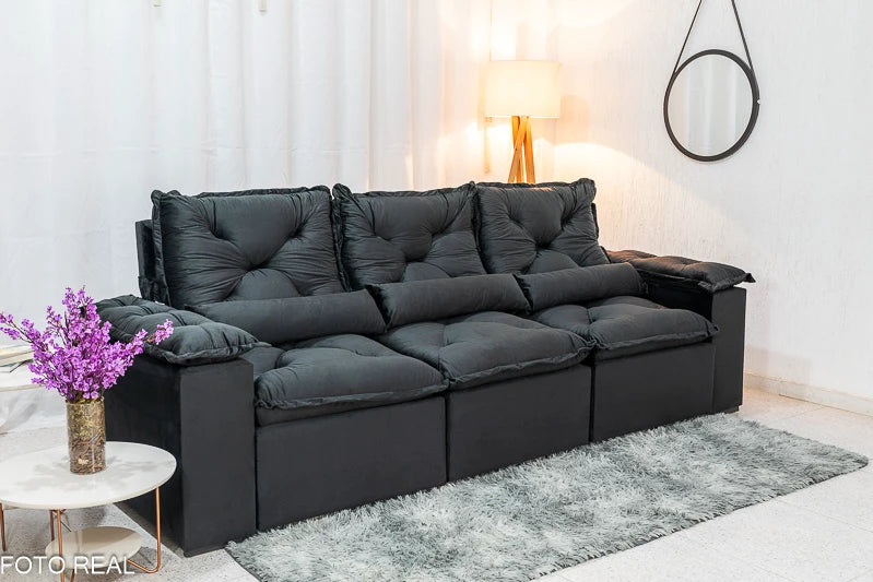 Sofá Retrátil Reclinável 2.70m Texas Veludo Preto - Móveis furniture
