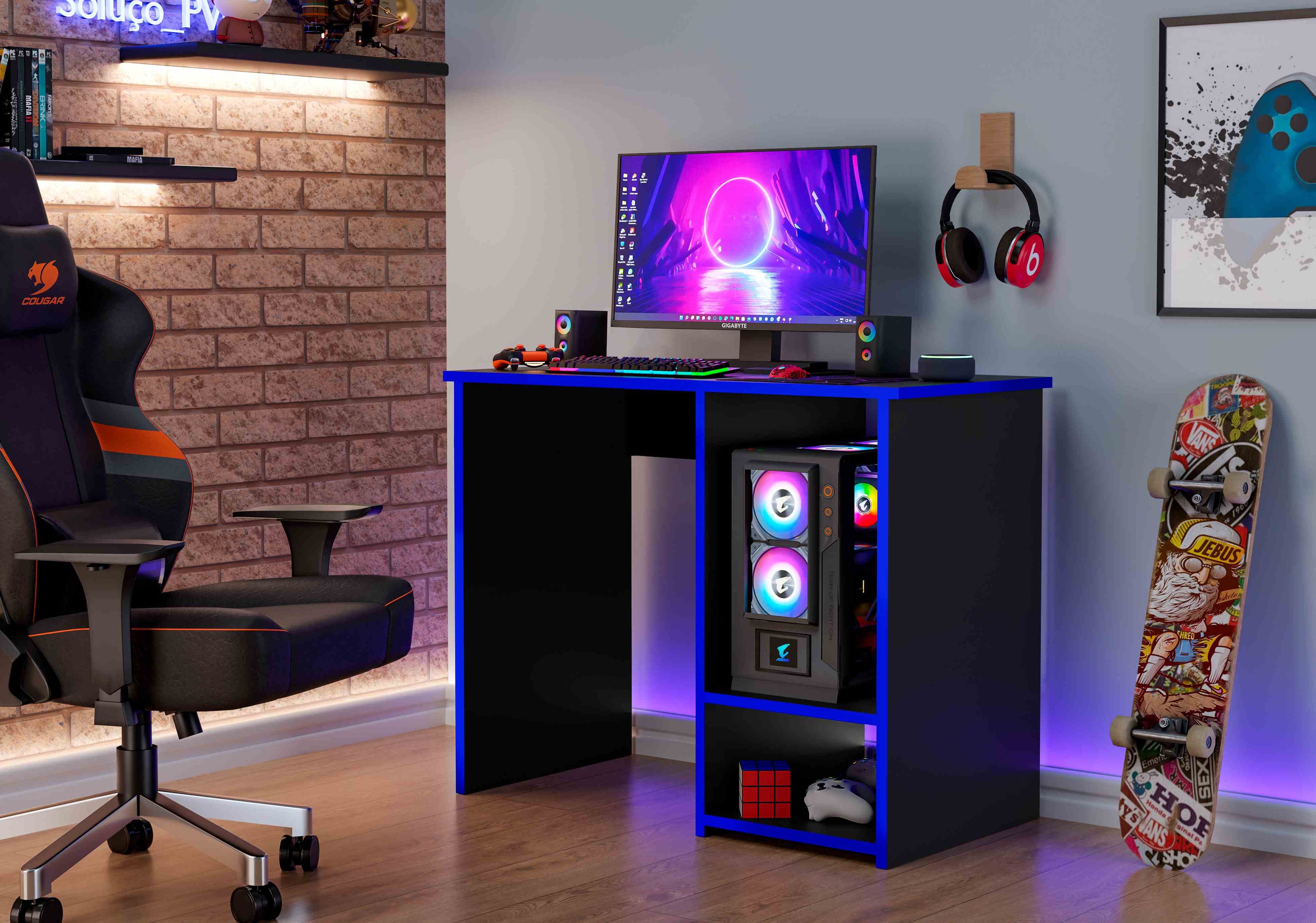 Mesa Gamer PX Preto.Azul J A Moveis - Móveis furniture