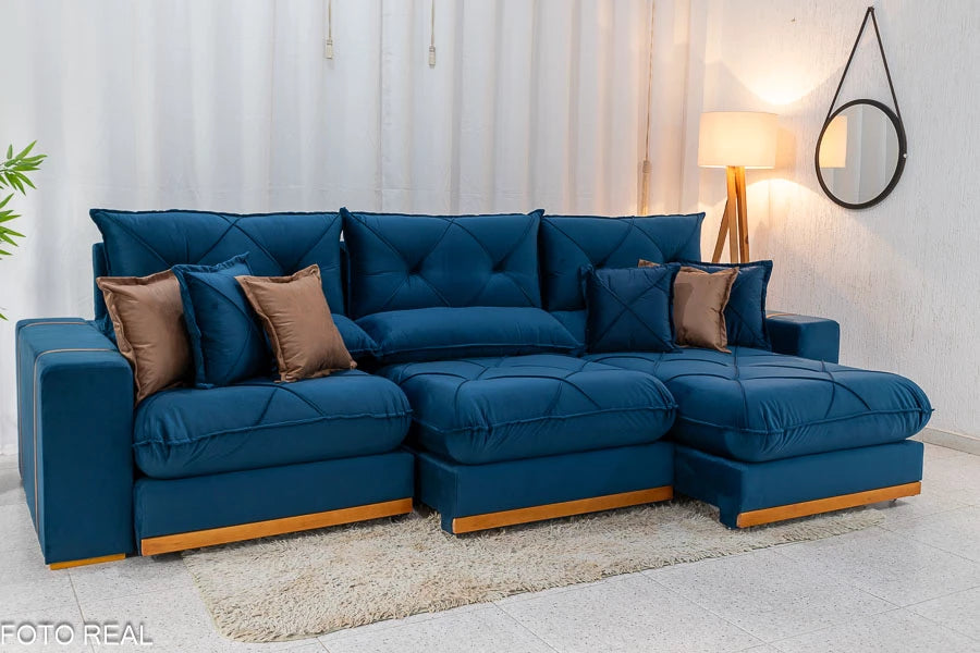 Sofá Retrátil Reclinável Gran Bello 3.20m Veludo Azul - D33 e Molas Ensacadas