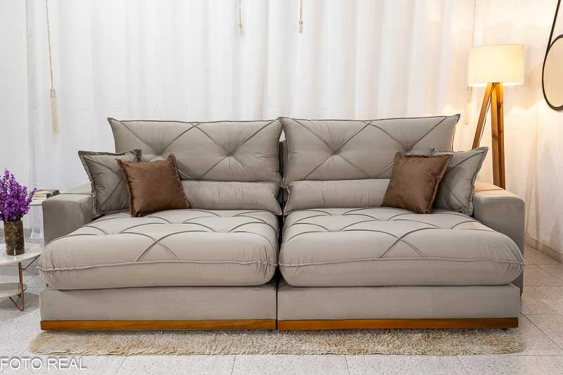 Sofá Retrátil Reclinável Gran Bello Veludo Capuccino Larg. 2.90m - D33 e Molas Ensacadas