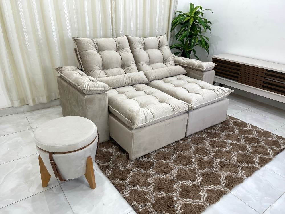 Sofá Retrátil Reclinável Atenas 2.00m – Bege Veludo - Móveis furniture
