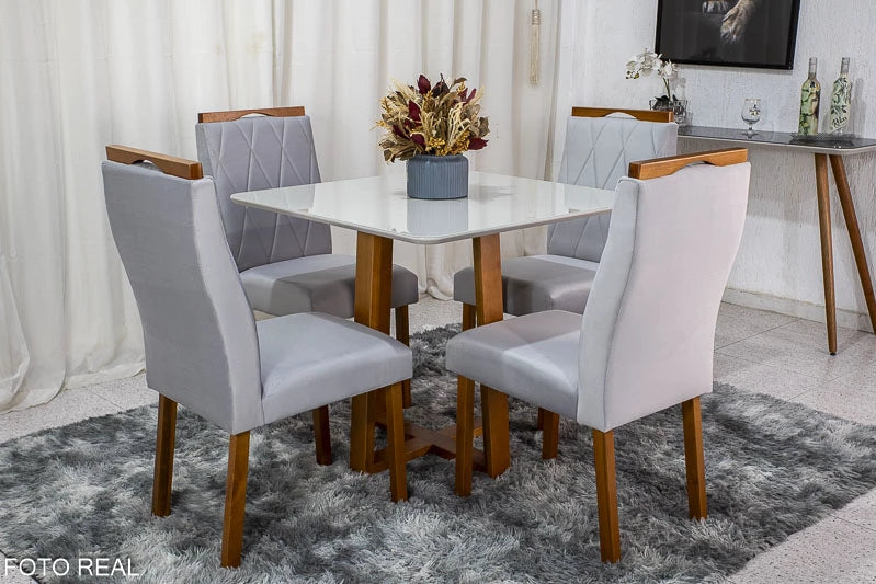 Mesa de Jantar Pedro Mel Tampo Vidro Off 90×90 4 Cadeiras Lisboa Veludo Prata - Móveis furniture