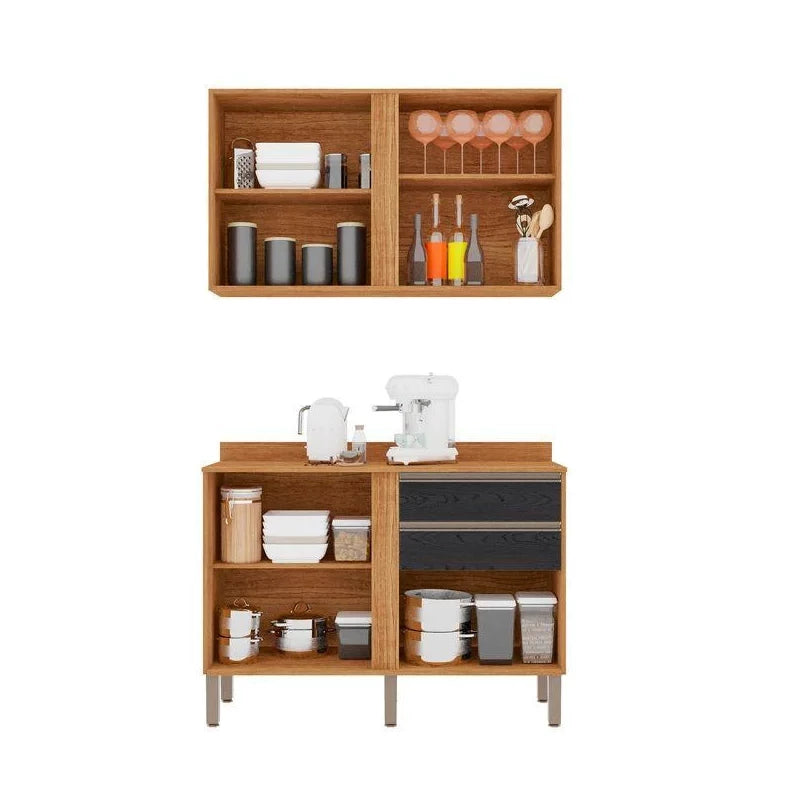 Aéreo Pérola Cinamomo/Preto 2 Portas + Balcão Cozinha Pérola Cinamomo/Preto Larg. 1.20m - Sallêto