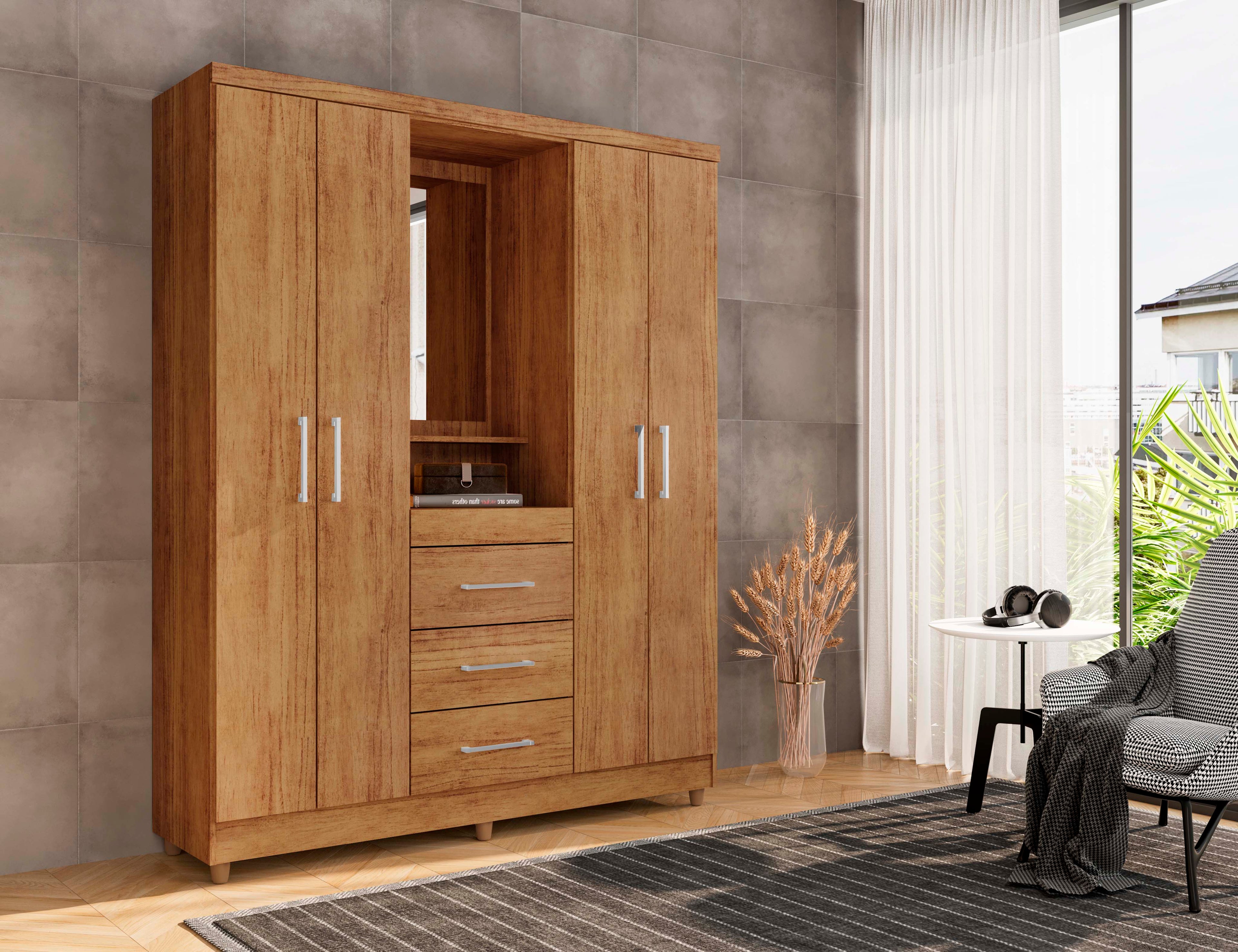 Guarda Roupa Capelinha Lyon Solteiro com Espelho 4 Portas 3 Gavetas Rud Rack