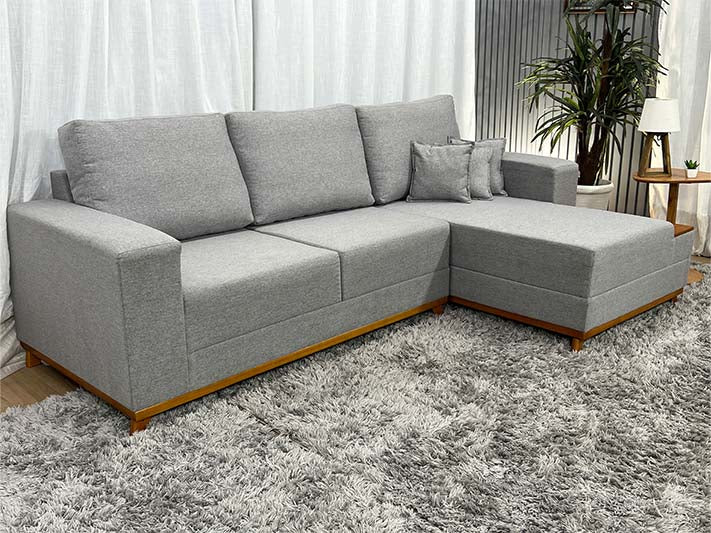 Sofá 3 Lugares 2,50 m Linho Cinza Chaise Aline Plus