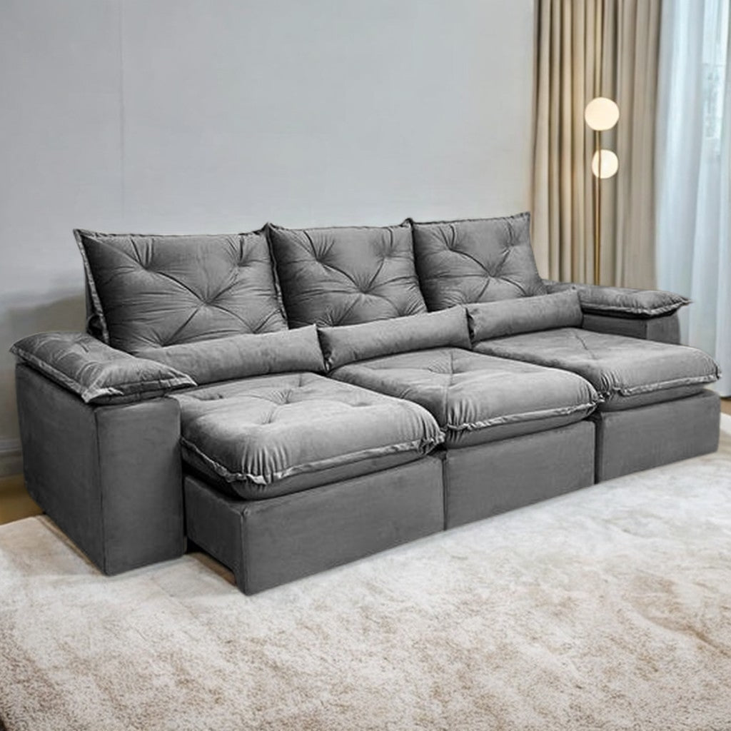 Sofá Retrátil e Reclinável Brasão 2,70 m Veludo Grafite – MD ESTOFADOS