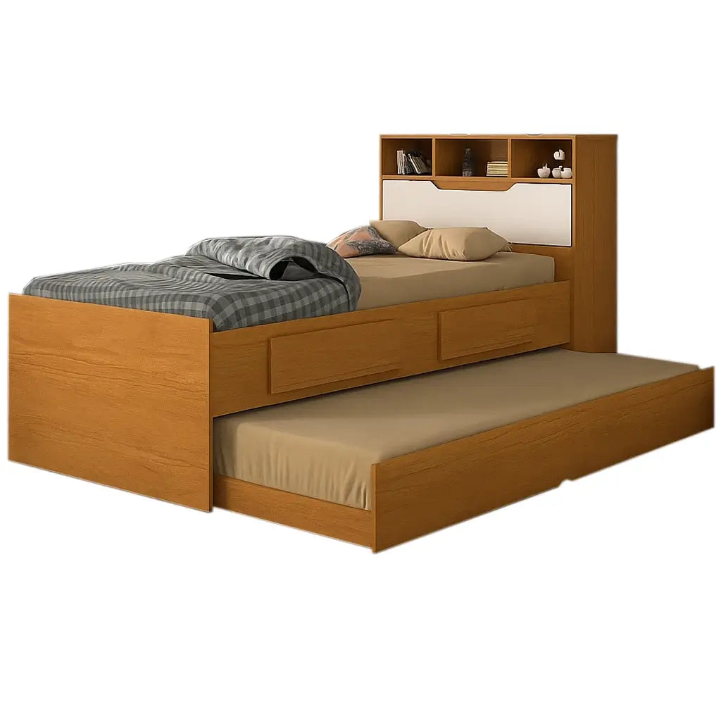 Cama Ravena COM Cama Auxiliar Solteiro 2 Gavetas e Baú Conquista CINAMOMO OFF WHITE