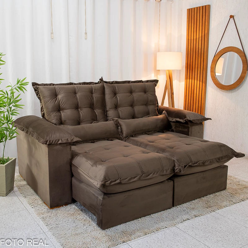 Sofá Retrátil Reclinável Maldivas 2.10m Veludo Marrom A17 - Espuma Pró Aditivada