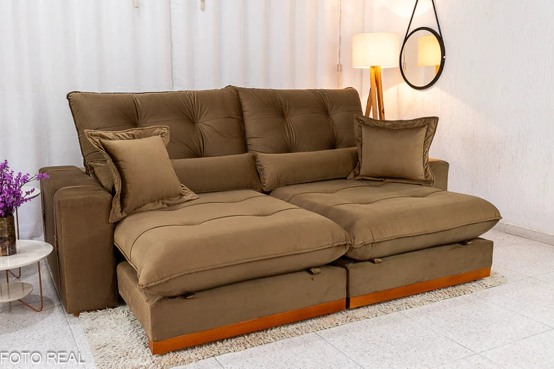 Sofá Retrátil Reclinável Toronto Veludo Bege 4056 Larg. 2.50m - Molas Ensacadas