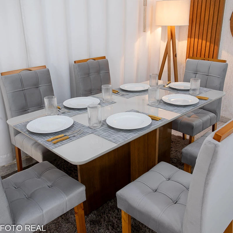 Mesa de Jantar Moscou 160x80 Vidro Off/Base Cinamomo + 6 Cad. Londres Veludo Prata Madeira Minas Plac - Entregue Montada
